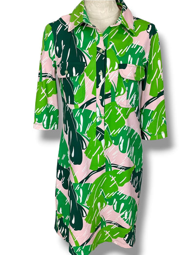 green leaf print shirt dress Persifor Pink size M cropped sleeve – Elite Repeat, inc Drop: CW16 2025